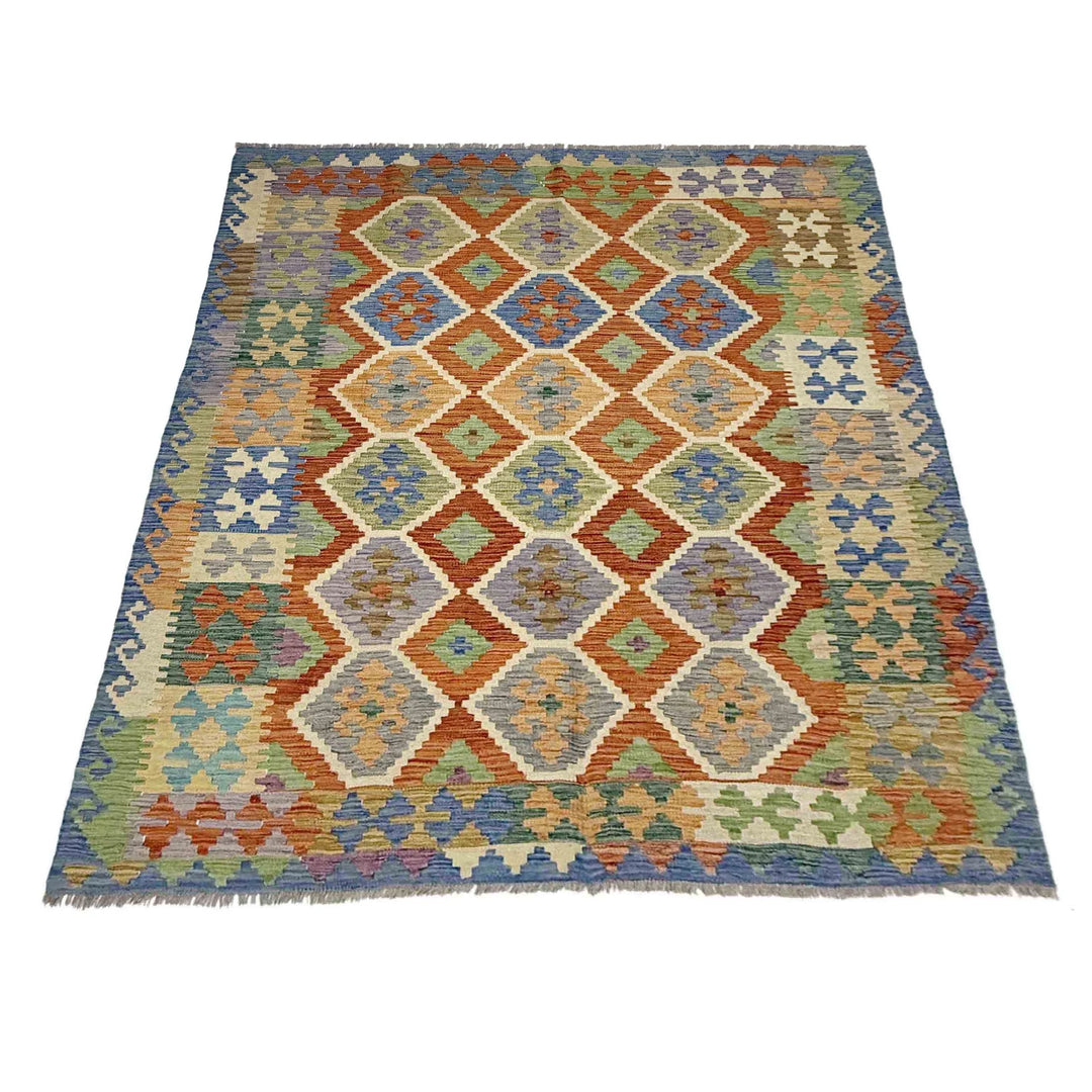 Multicolor Afghan Vegetable Kilim Rug 6' 0" x 7' 7" Flat-Weave | No. AL89847