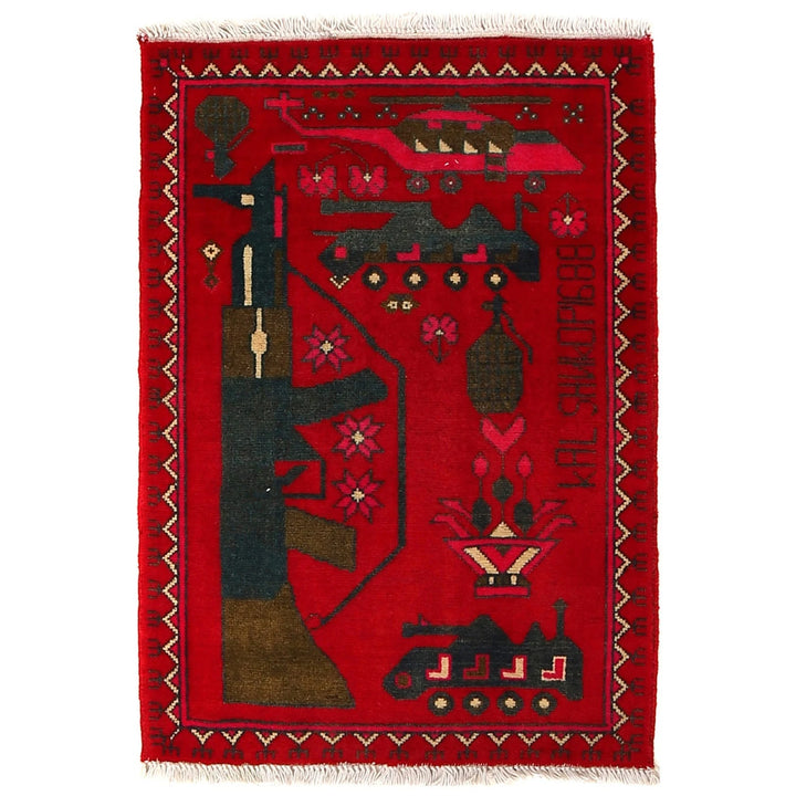 Red Afghan War Rug 2' 0" x 2' 10" Hand-Knotted | No. AL89853