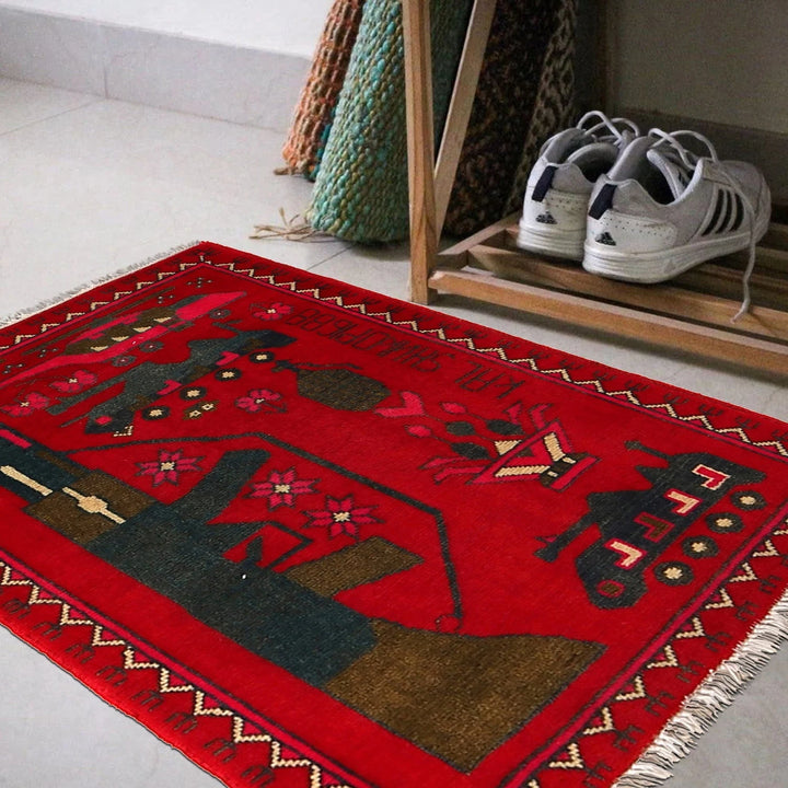 Red Afghan War Rug 2' 0" x 2' 10" Hand-Knotted | No. AL89853