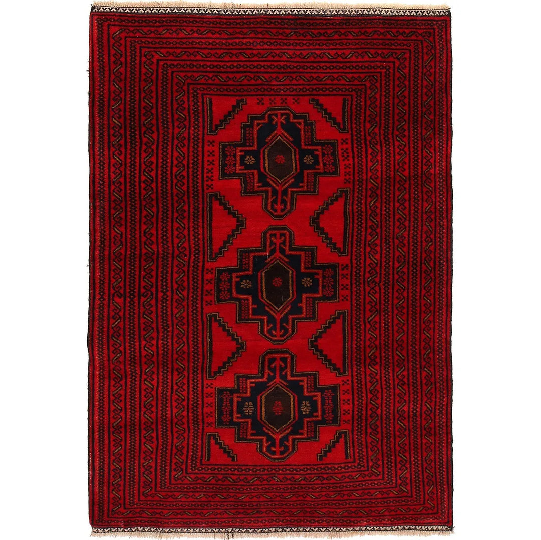 Red Afghan Baluchi Rug 4' 1" x 6' 1" Hand-Knotted | No. AL90018