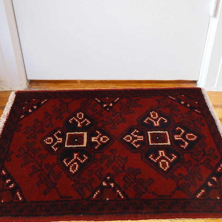 Red Afghan Oriental Doormat 1' 5" x 2' 0" Hand-Knotted | No. AL90154