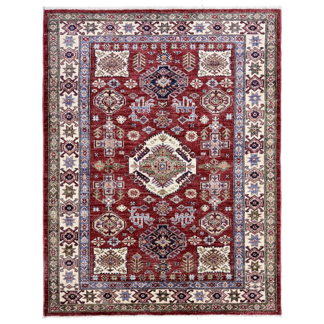 Red Afghan Kazak Rug 4' 2" x 5' 11" Hand-Knotted | No. AL90202