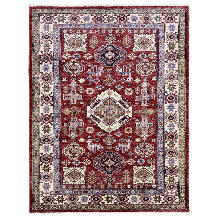Red Afghan Kazak Rug 4' 2" x 5' 11" Hand-Knotted | No. AL90202