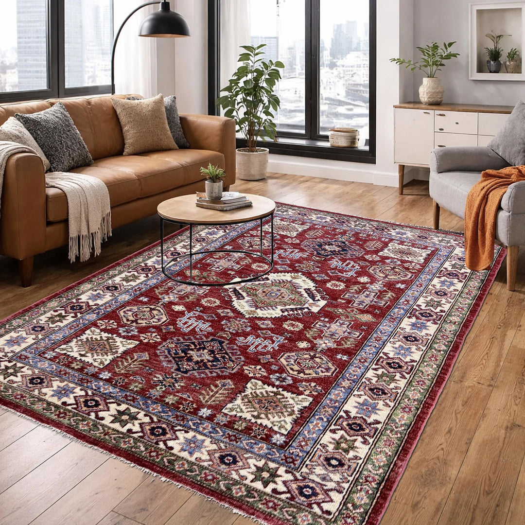 Red Afghan Kazak Rug 4' 2" x 5' 11" Hand-Knotted | No. AL90202
