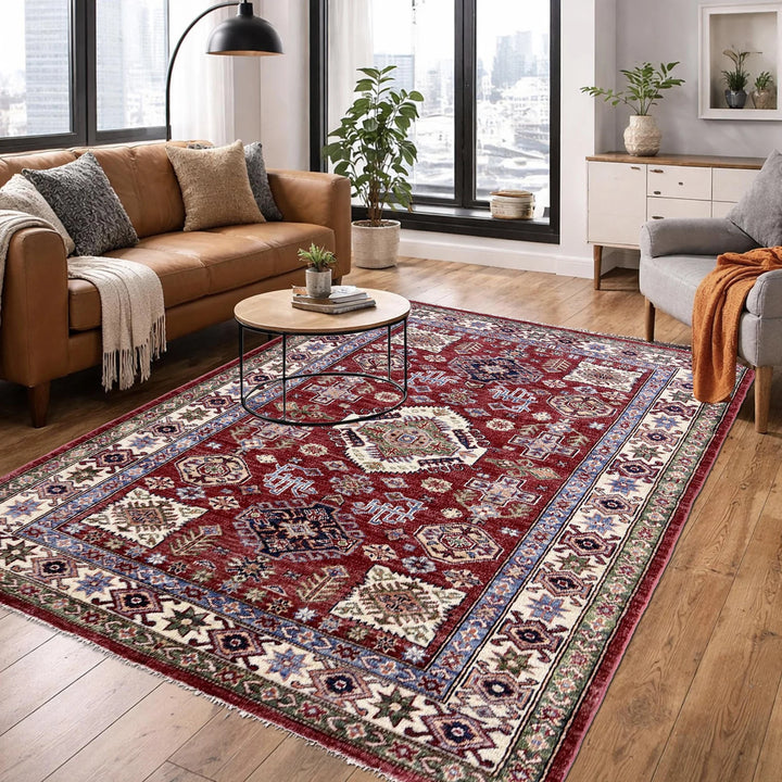 Red Afghan Kazak Rug 4' 2" x 5' 11" Hand-Knotted | No. AL90202