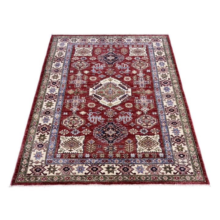 Red Afghan Kazak Rug 4' 2" x 5' 11" Hand-Knotted | No. AL90202