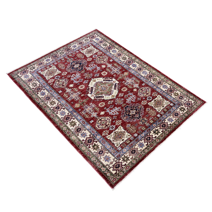 Red Afghan Kazak Rug 4' 2" x 5' 11" Hand-Knotted | No. AL90202