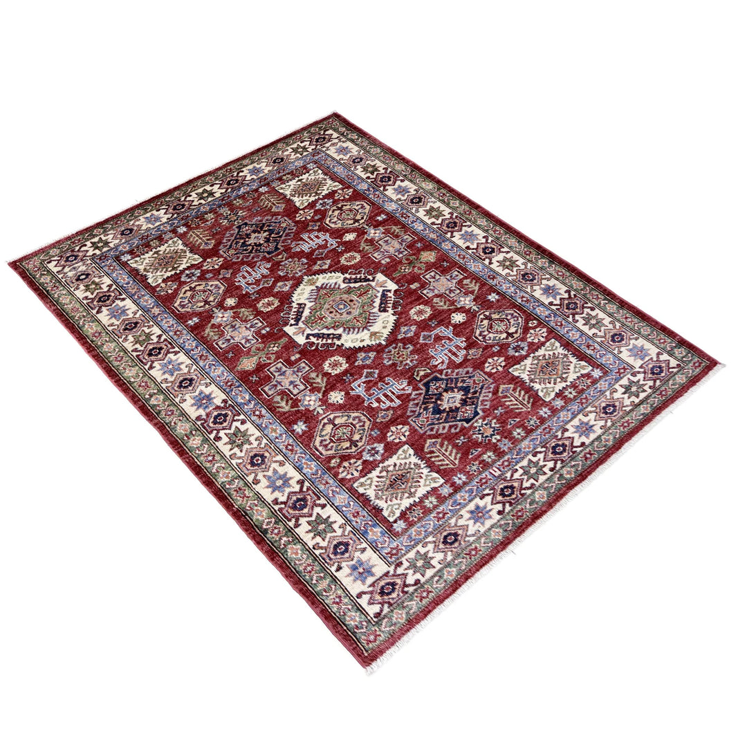 Red Afghan Kazak Rug 4' 2" x 5' 11" Hand-Knotted | No. AL90202