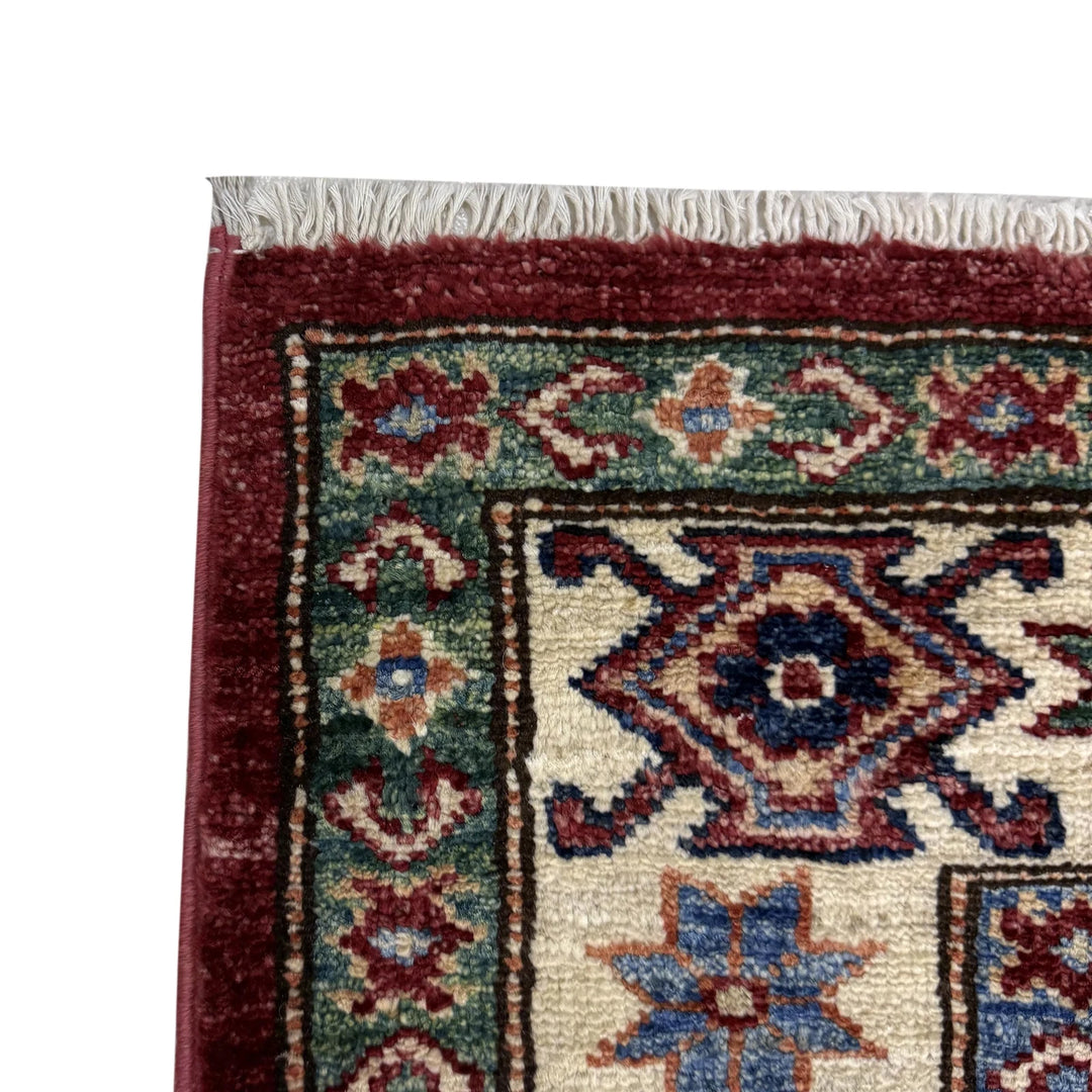 Red Afghan Kazak Rug 4' 2" x 5' 11" Hand-Knotted | No. AL90202