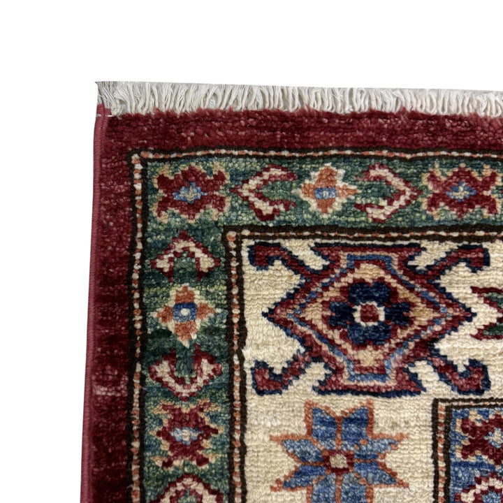 Red Afghan Kazak Rug 4' 2" x 5' 11" Hand-Knotted | No. AL90202
