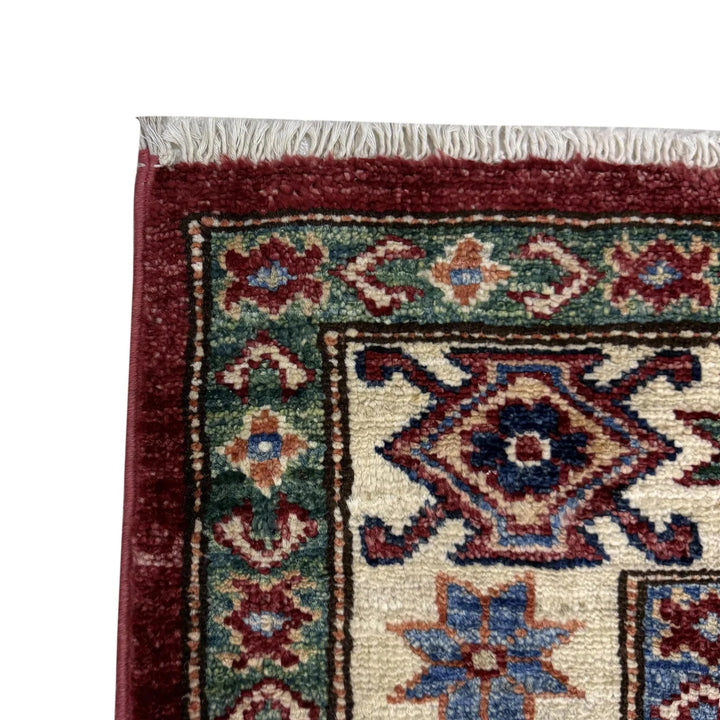 Red Afghan Kazak Rug 4' 2" x 5' 11" Hand-Knotted | No. AL90202
