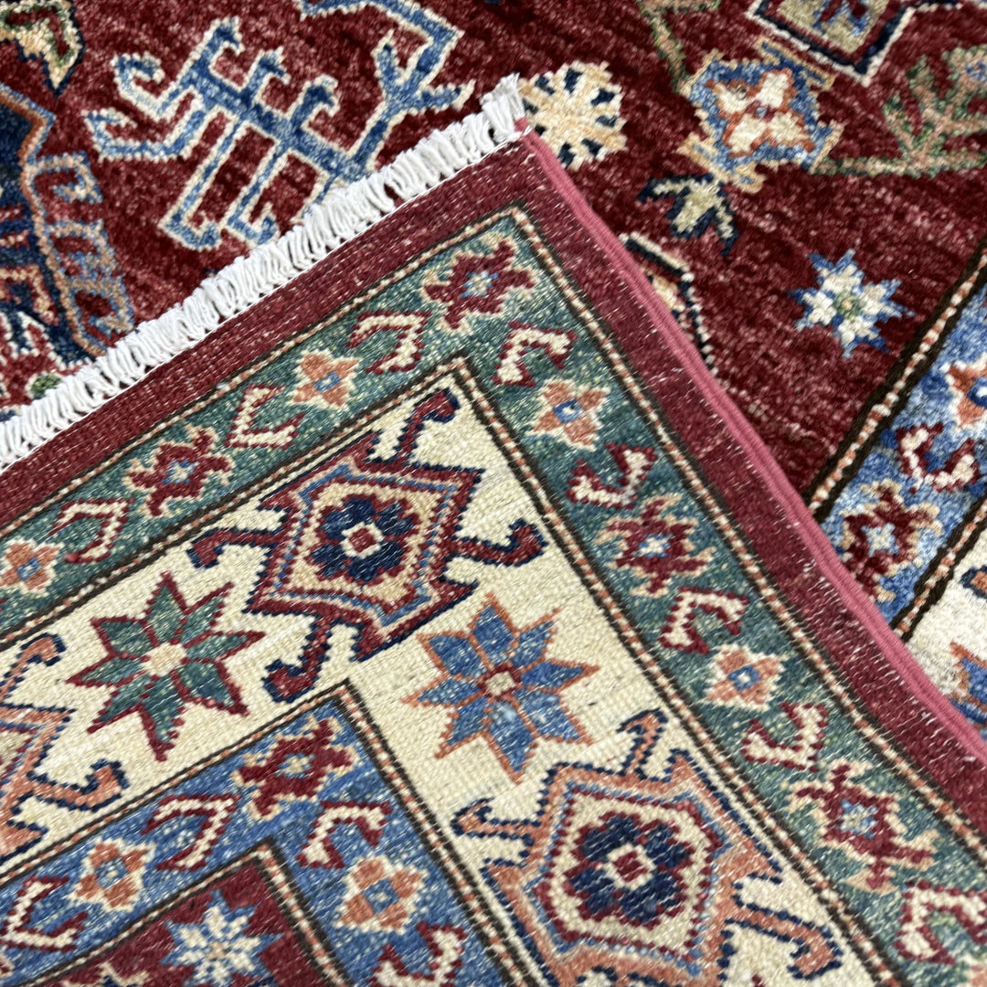 Red Afghan Kazak Rug 4' 2" x 5' 11" Hand-Knotted | No. AL90202