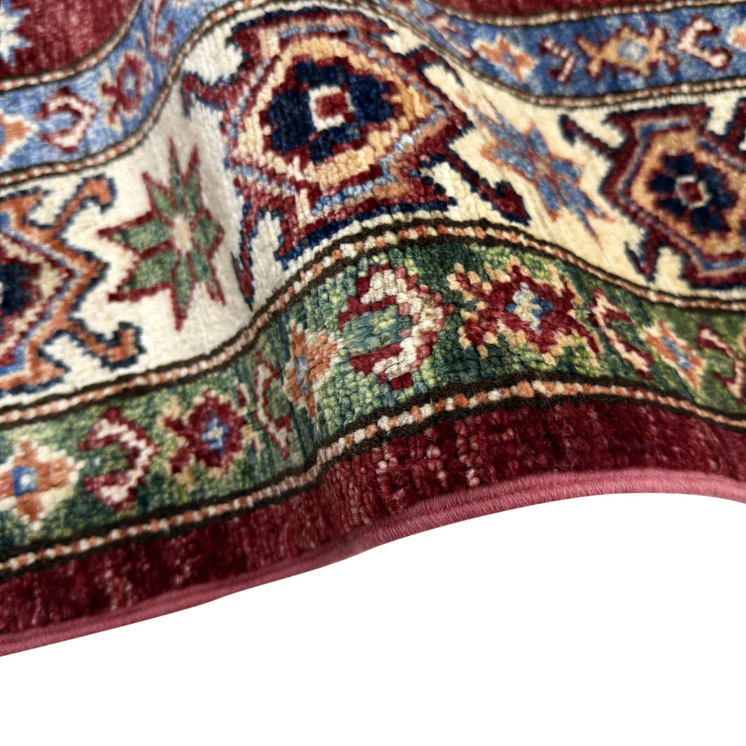 Red Afghan Kazak Rug 4' 2" x 5' 11" Hand-Knotted | No. AL90202
