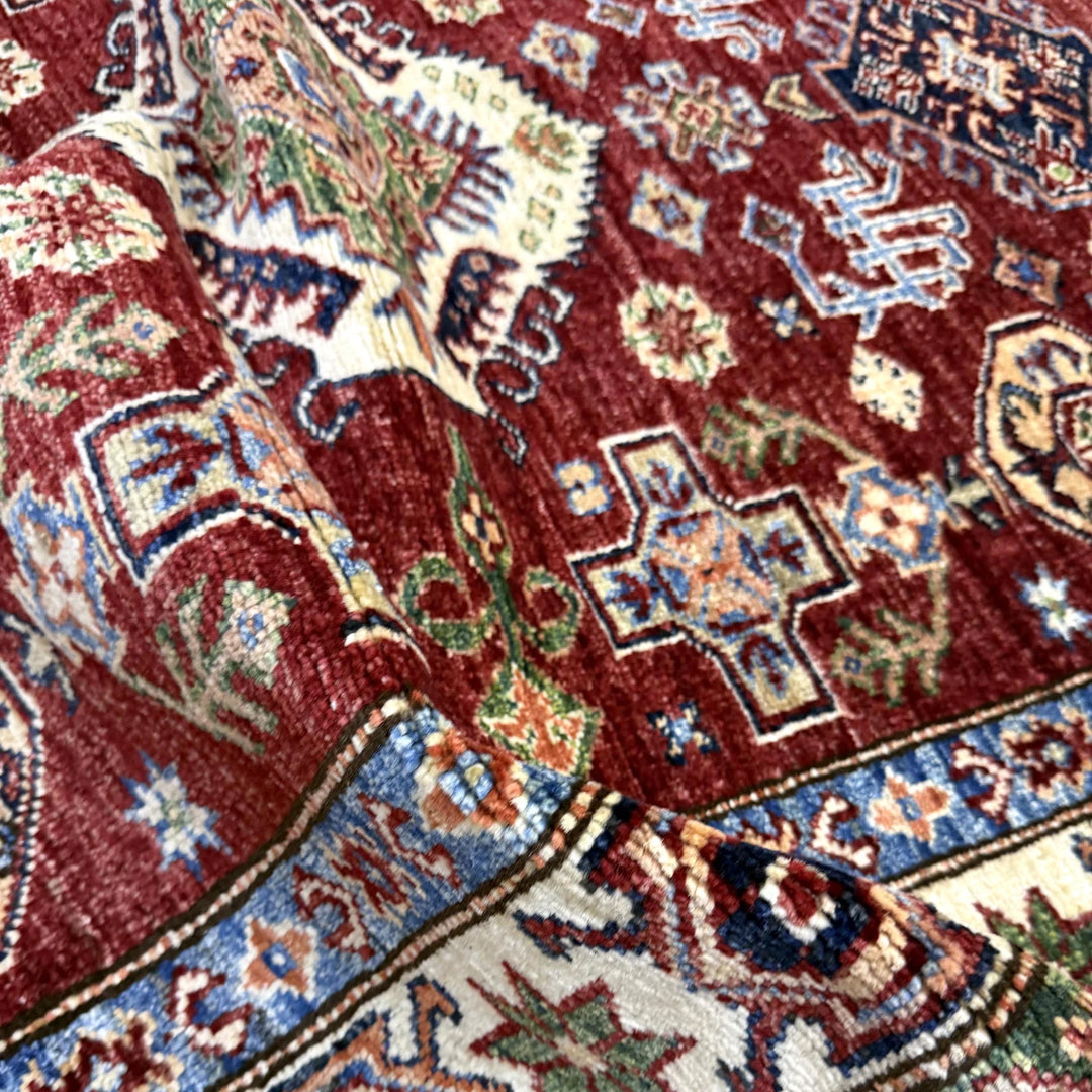 Red Afghan Kazak Rug 4' 2" x 5' 11" Hand-Knotted | No. AL90202