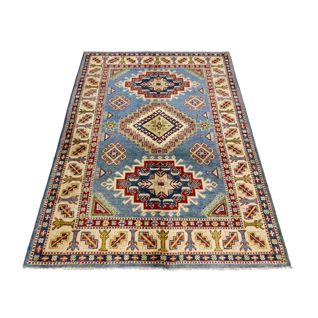 Blue Afghan Kazak Rug 4' 0" x 5' 11" Hand-Knotted | No. AL90414