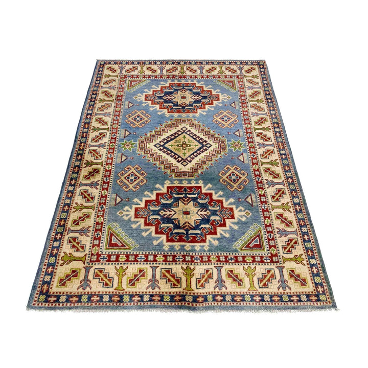 Blue Afghan Kazak Rug 4' 0" x 5' 11" Hand-Knotted | No. AL90414