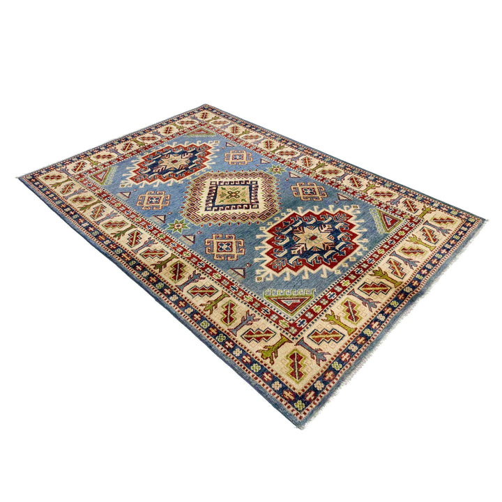 Blue Afghan Kazak Rug 4' 0" x 5' 11" Hand-Knotted | No. AL90414