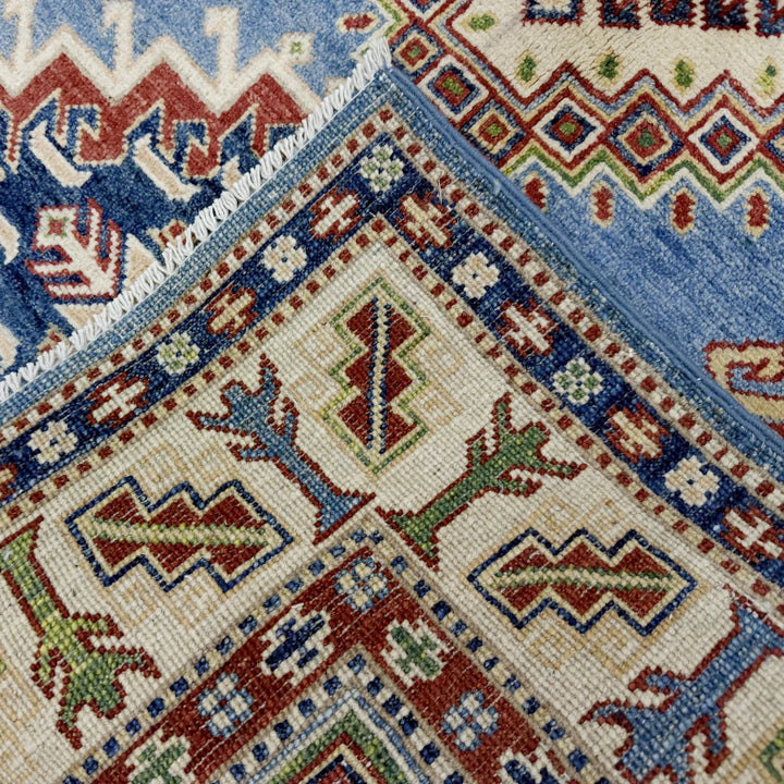Blue Afghan Kazak Rug 4' 0" x 5' 11" Hand-Knotted | No. AL90414