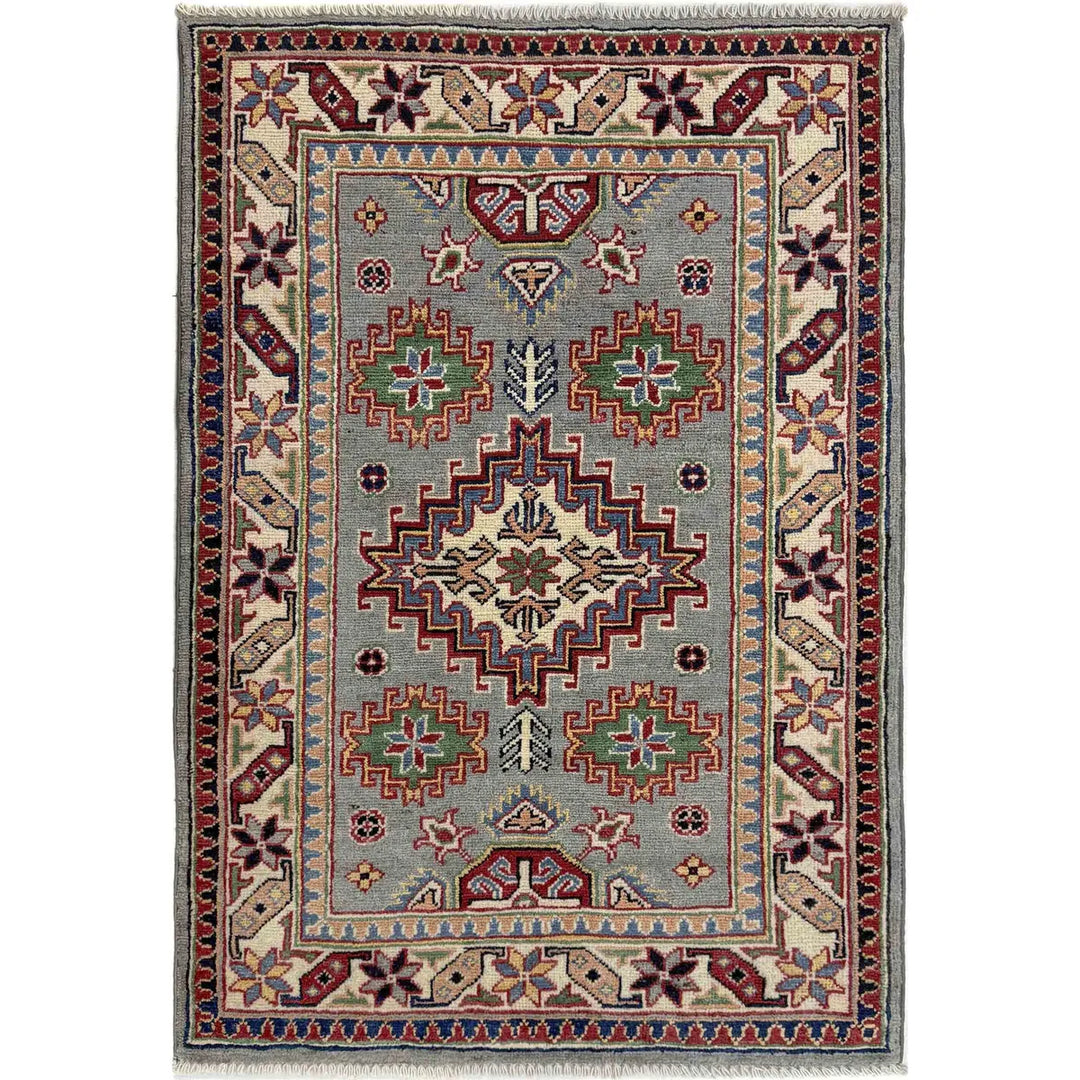 Gray Afghan Kazak Rug 2' 4" x 3' 10" Hand-Knotted | No. AL90449