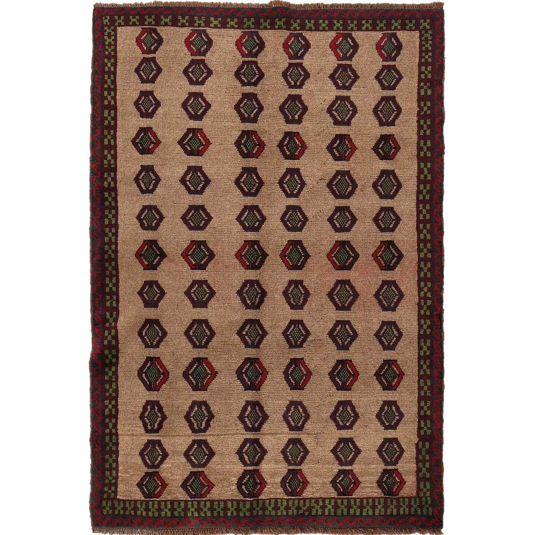 Tan Afghan Baluchi Rug 4' 3" x 6' 5" Hand-Knotted | No. AL90503