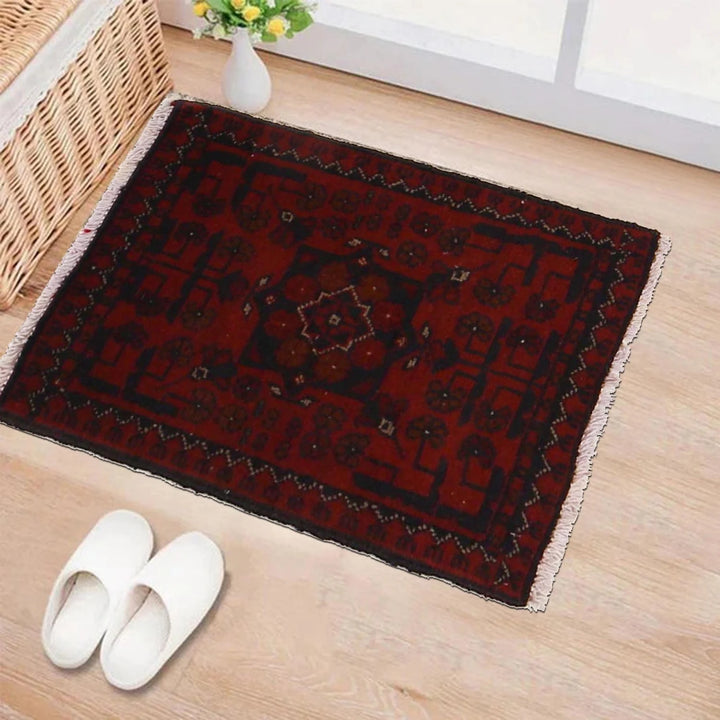 Red Afghan Oriental Doormat 1' 4" x 2' 0" Hand-Knotted | No. AL90590