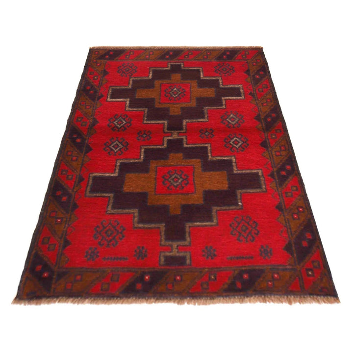 Red Afghan Baluchi Rug 2' 11" x 4' 4" Hand-Knotted | No. AL90681