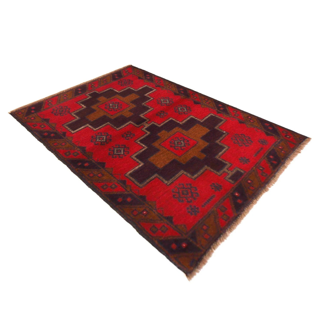 Red Afghan Baluchi Rug 2' 11" x 4' 4" Hand-Knotted | No. AL90681