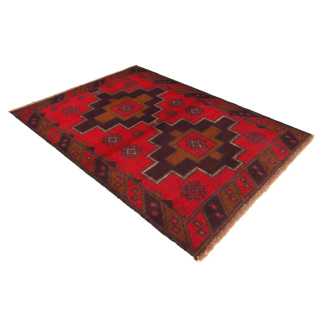 Red Afghan Baluchi Rug 2' 11" x 4' 4" Hand-Knotted | No. AL90681