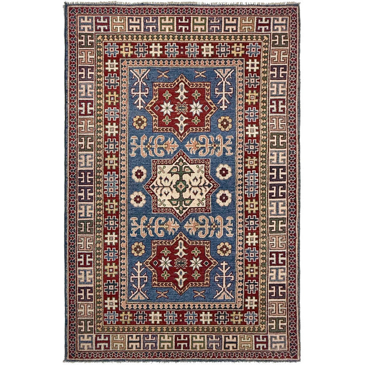 Blue Afghan Kazak Rug 4' 0" x 6' 6" Hand-Knotted | No. AL90694