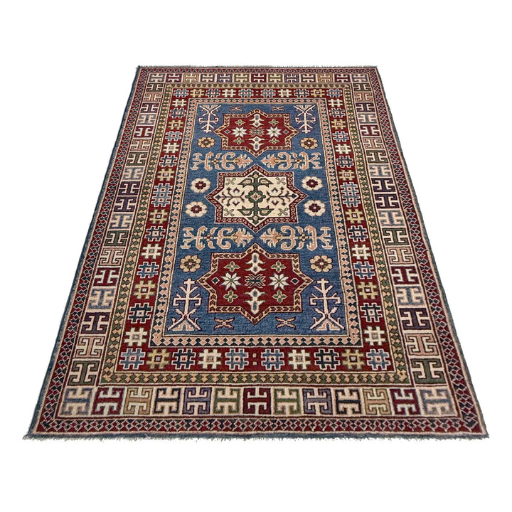 Blue Afghan Kazak Rug 4' 0" x 6' 6" Hand-Knotted | No. AL90694