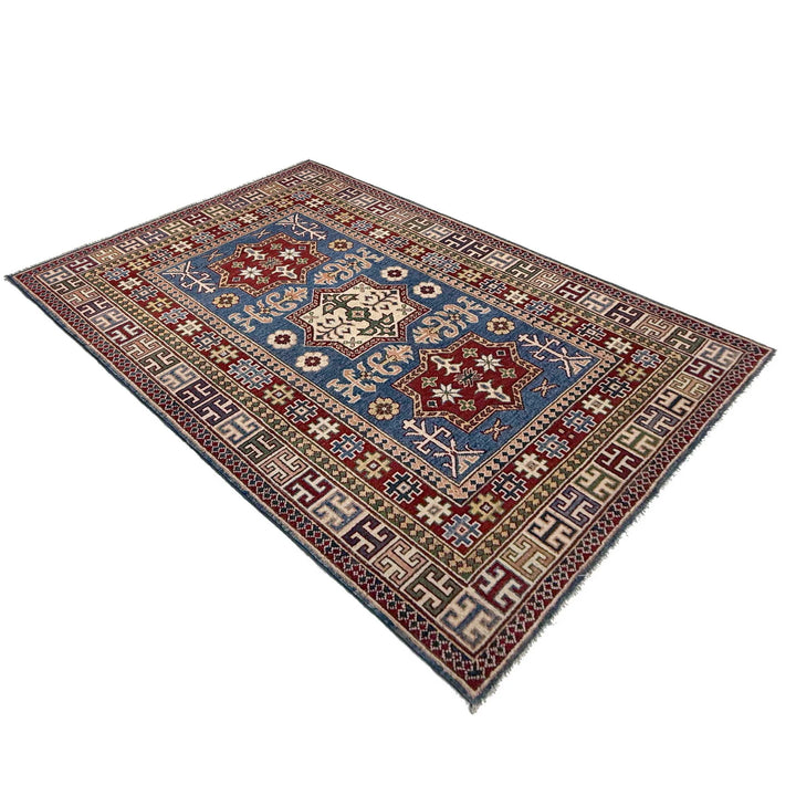 Blue Afghan Kazak Rug 4' 0" x 6' 6" Hand-Knotted | No. AL90694