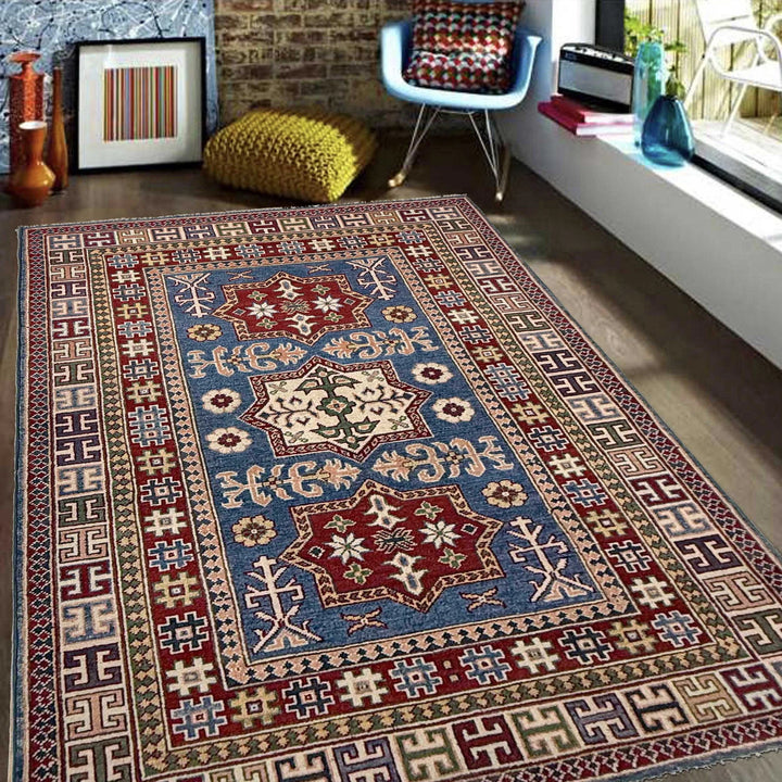 Blue Afghan Kazak Rug 4' 0" x 6' 6" Hand-Knotted | No. AL90694