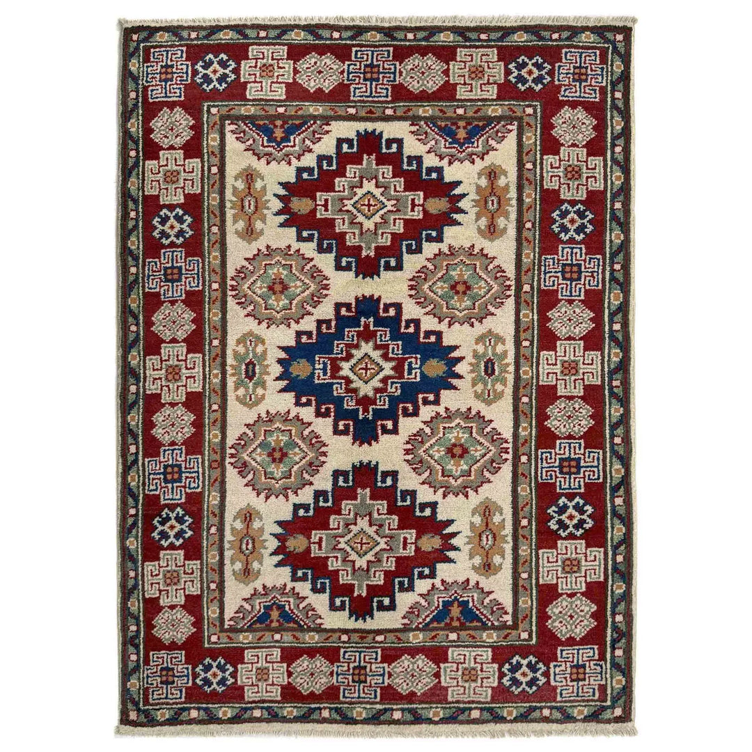 Beige Afghan Kazak Rug 2' 7" x 3' 10" Hand-Knotted | No. AL90721