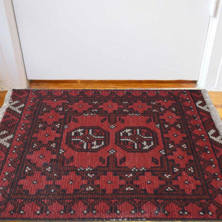 Red Afghan Oriental Doormat 1' 7" x 2' 2" Hand-Knotted | No. AL90776