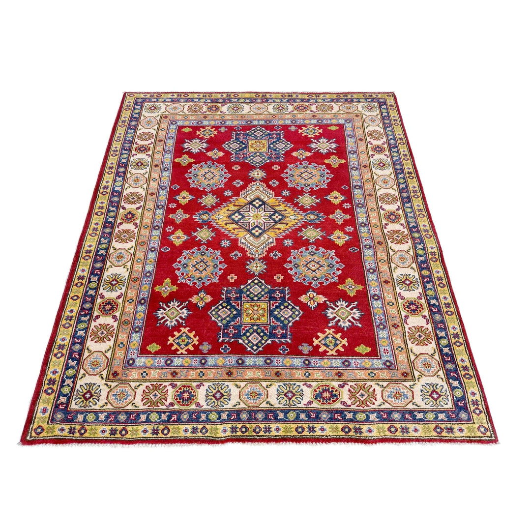 Red Afghan Kazak Rug 4' 8" x 6' 7" Hand-Knotted | No. AL90782