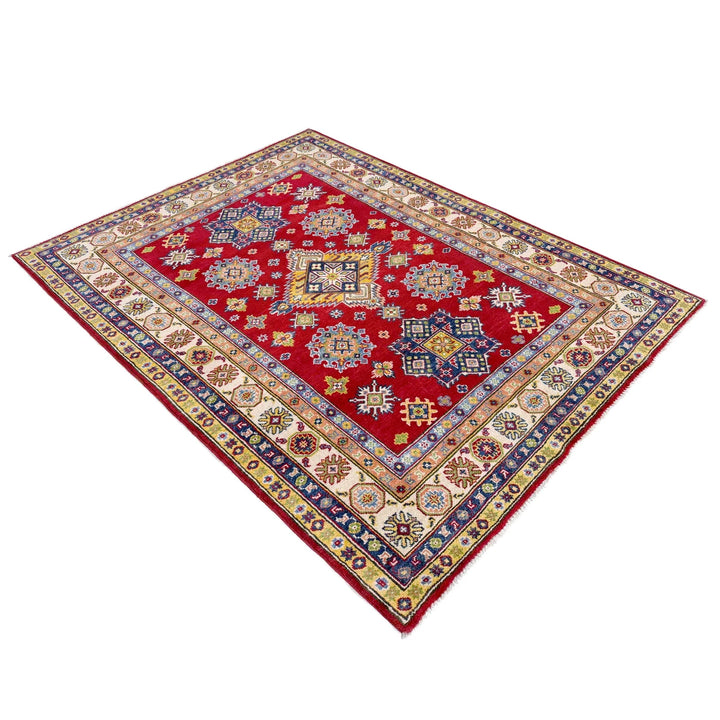 Red Afghan Kazak Rug 4' 8" x 6' 7" Hand-Knotted | No. AL90782