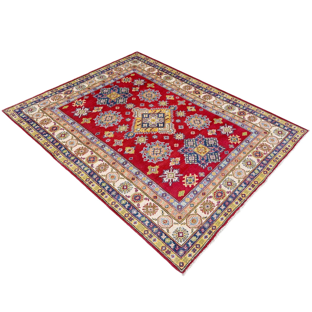 Red Afghan Kazak Rug 4' 8" x 6' 7" Hand-Knotted | No. AL90782