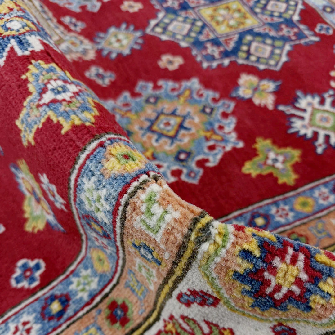 Red Afghan Kazak Rug 4' 8" x 6' 7" Hand-Knotted | No. AL90782