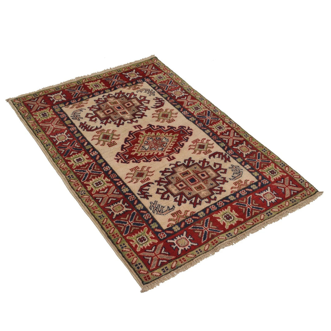 Ivory Afghan Kazak Rug 2' 9" x 4' 0" Hand-Knotted | No. AL90876