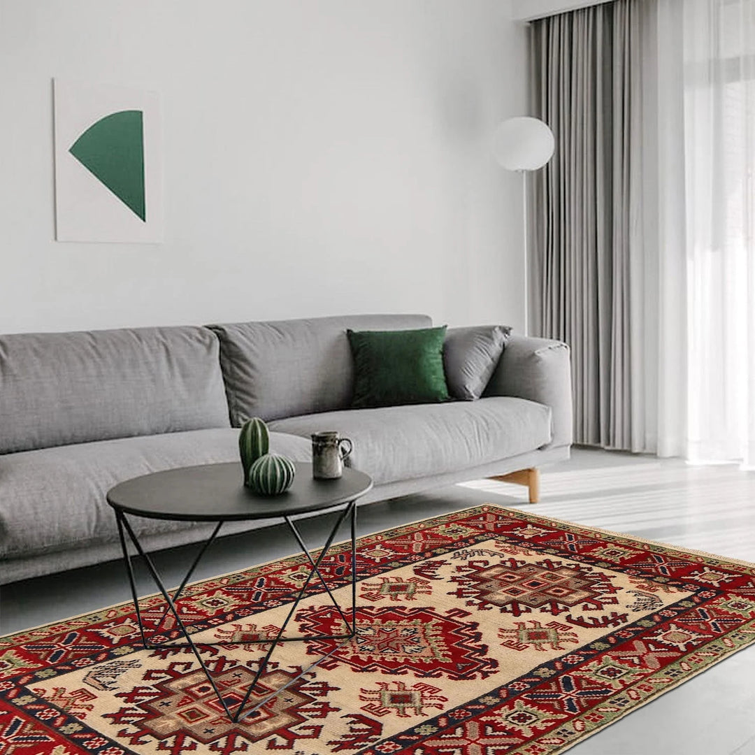 Ivory Afghan Kazak Rug 2' 9" x 4' 0" Hand-Knotted | No. AL90876