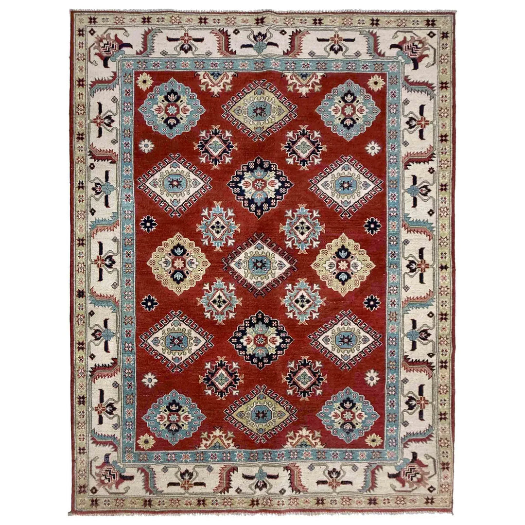 Red Afghan Kazak Rug 5' 0" x 6' 8" Hand-Knotted | No. AL90994