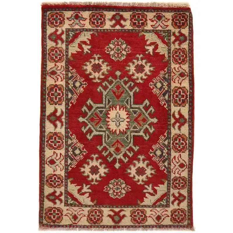 Red Afghan Kazak Rug 2' 1" x 3' 1" Hand-Knotted | No. AL91044