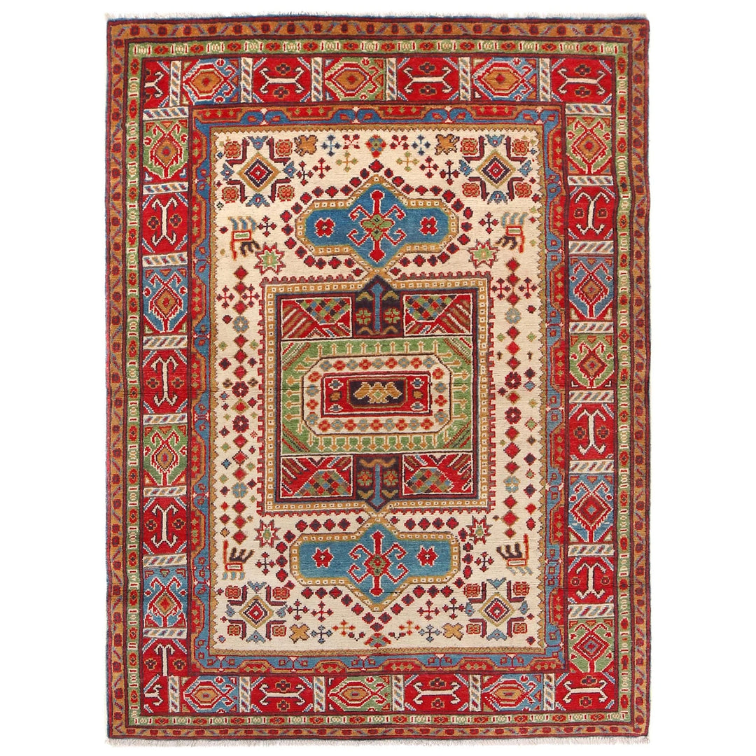 Beige Afghan Kazak Rug 4'7" x 6'6" Hand-Knotted | No. AL911808