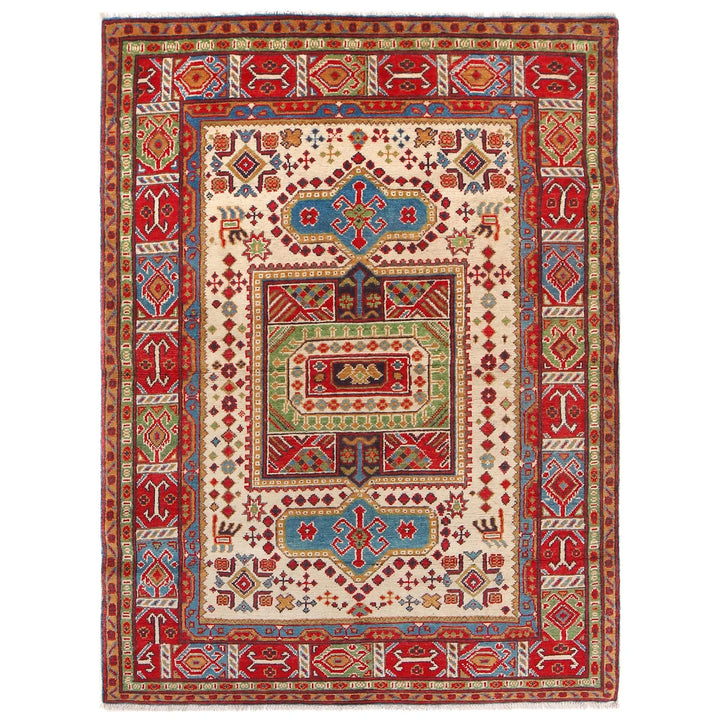 Beige Afghan Kazak Rug 4'7" x 6'6" Hand-Knotted | No. AL911808