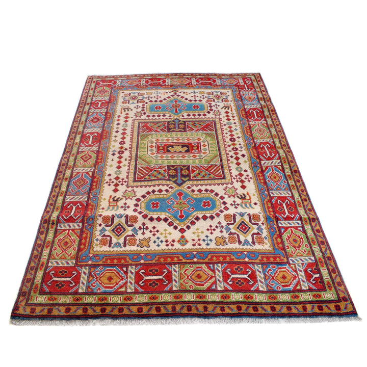 Beige Afghan Kazak Rug 4'7" x 6'6" Hand-Knotted | No. AL911808