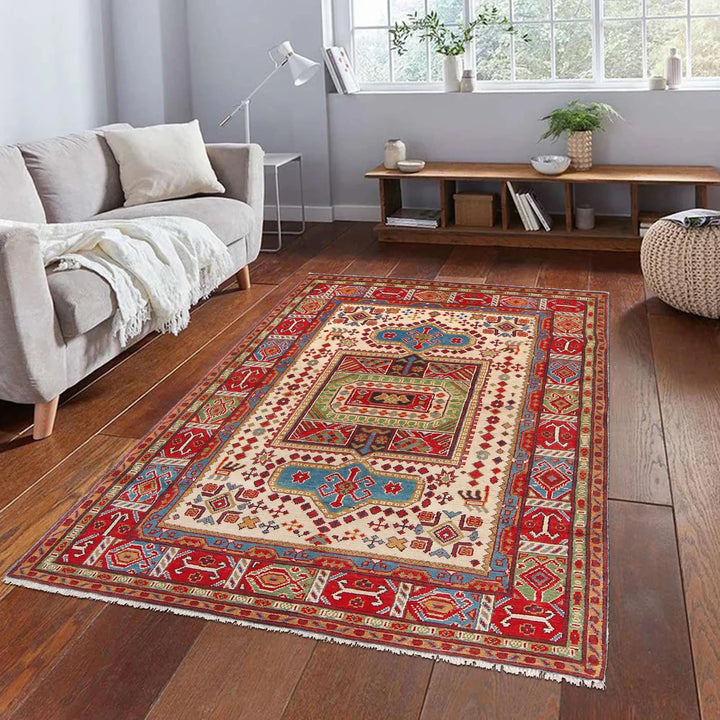 Beige Afghan Kazak Rug 4'7" x 6'6" Hand-Knotted | No. AL911808
