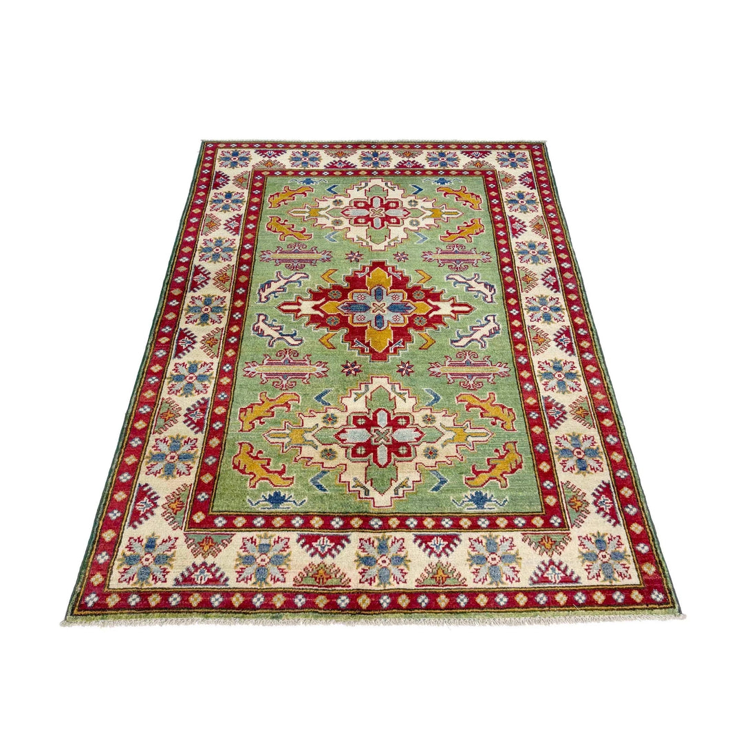 Green Afghan Kazak Rug 3' 10" x 5' 8" Hand-Knotted | No. AL91223
