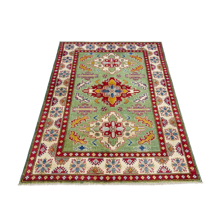 Green Afghan Kazak Rug 3' 10" x 5' 8" Hand-Knotted | No. AL91223