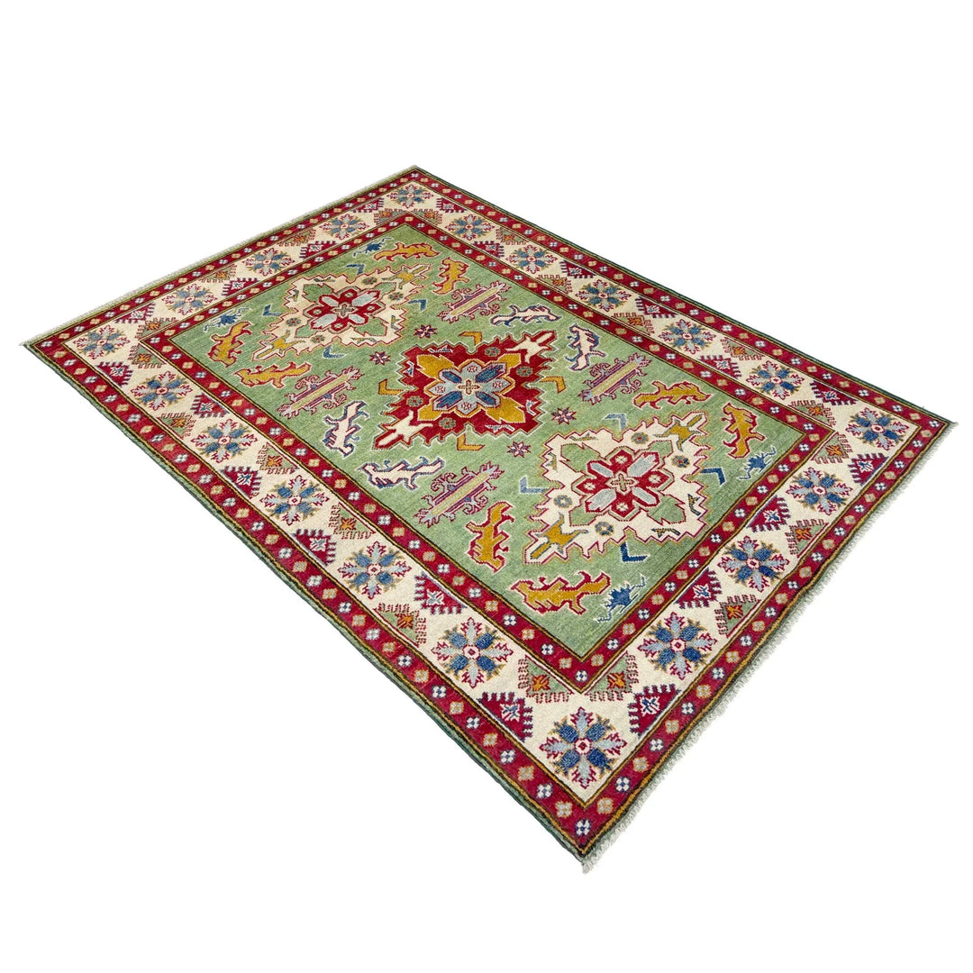Green Afghan Kazak Rug 3' 10" x 5' 8" Hand-Knotted | No. AL91223