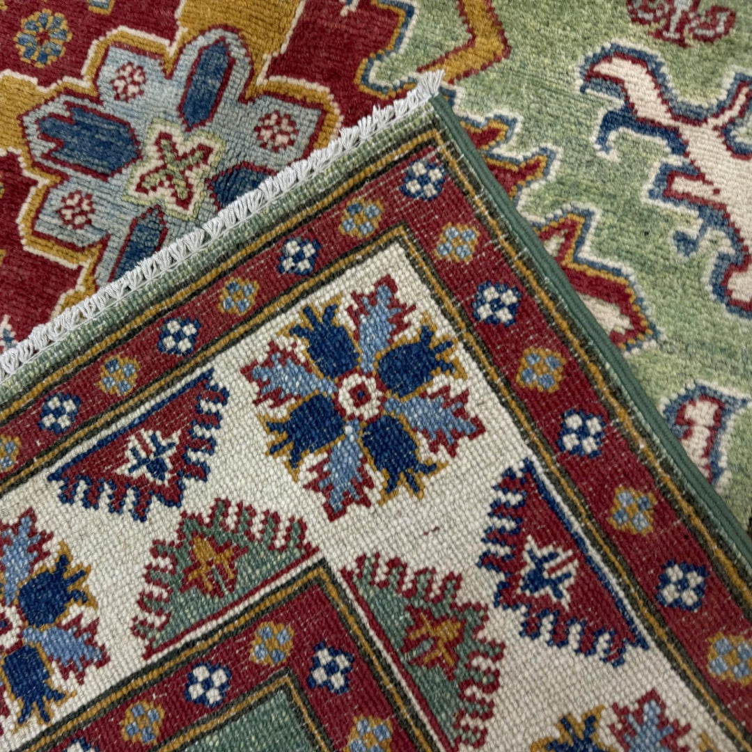 Green Afghan Kazak Rug 3' 10" x 5' 8" Hand-Knotted | No. AL91223